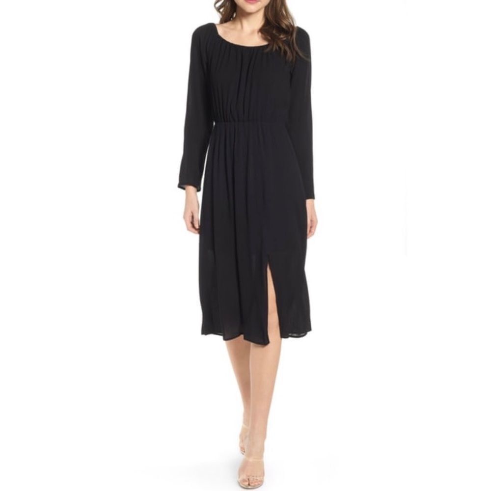 WAYF Naveah Scoop Neck Black Long Sleeve Midi Dress Size Small